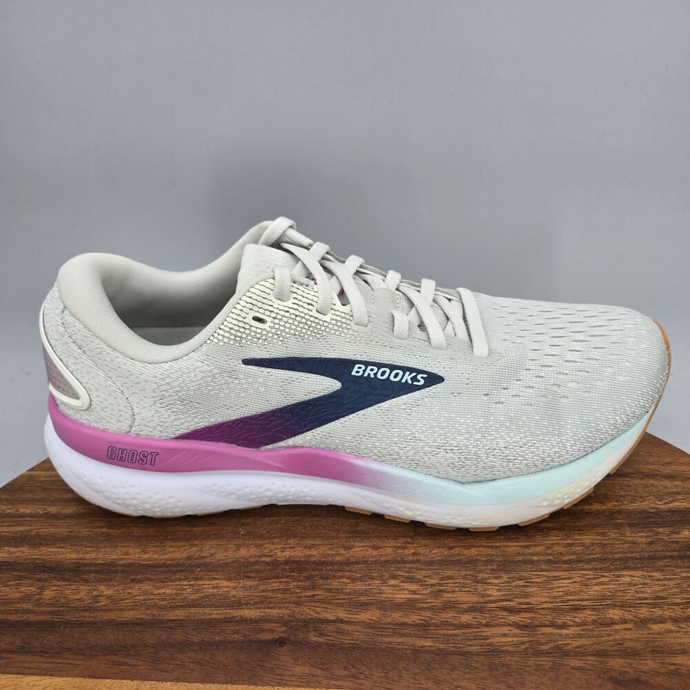 Brooks Ghost 16 Shoes Womens 9 B Gray White Blue Low Running Athletic Sneakers